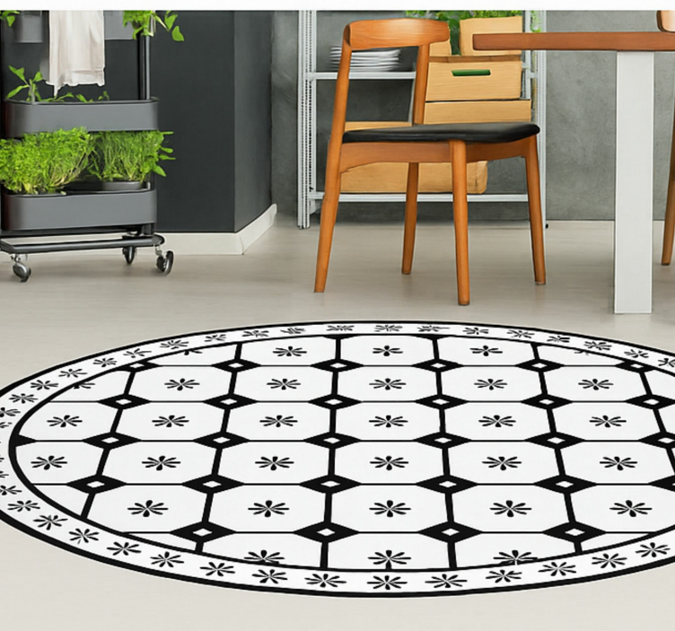 Alfombra vinilo comedor patrón de mosaico en blanco y negro - TenVinilo