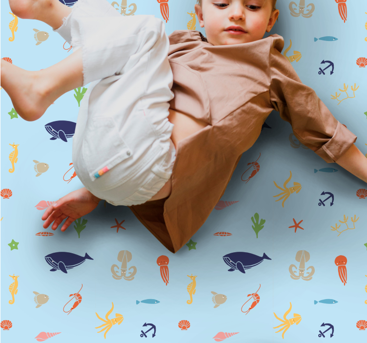 Alfombra vinílica infantil Animales marinos sobre fondo azul clar - TenVinilo