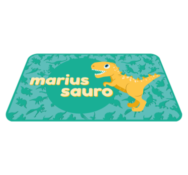 Alfombra de vinilo con nombre T-rex para niños sobre fondo azul - TenVinilo