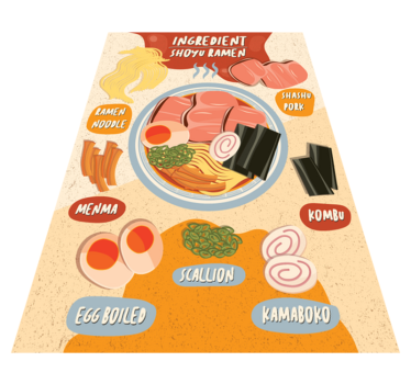 Alfombra vinílica cocina exhibición de ingredientes de ramen - TenVinilo