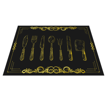 Alfombra vinílica cocina Utensilios de oro vintage sobre fondo ne - TenVinilo