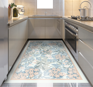 Alfombra de vinilo nórdica Cocina plantas blancas y azules - TenVinilo