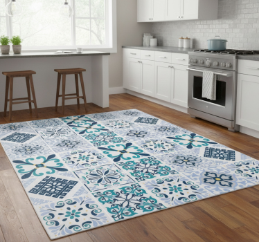 Alfombra vinílica cocina azulejos de flores azules - TenVinilo
