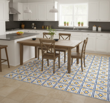Alfombra vinílica cocina azulejo portugués azul y amarillo - TenVinilo
