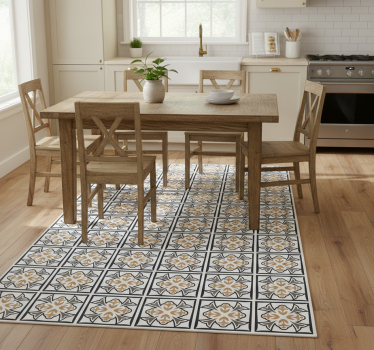 Alfombra vinílica cocina azulejo portugués beige y negro - TenVinilo