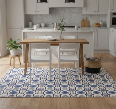 Alfombra vinílica cocina azulejo portugués flor azul - TenVinilo