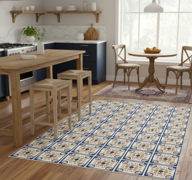 Alfombra vinílica cocina azulejo portugués flores rosas - TenVinilo