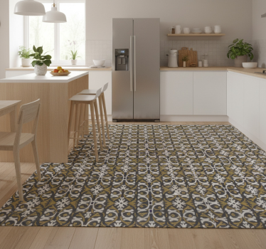 Alfombra vinílica cocina azulejos florales vintage beige - TenVinilo