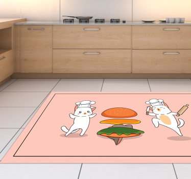 Alfombra vinílica cocina rosa con gatos - TenVinilo