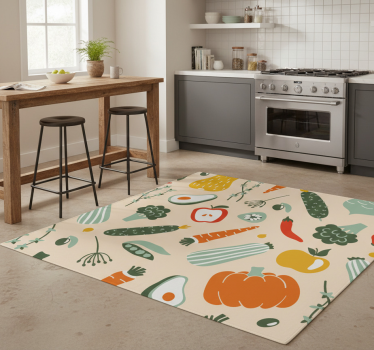 Alfombra vinílica cocina patrón de alimentos beige - TenVinilo