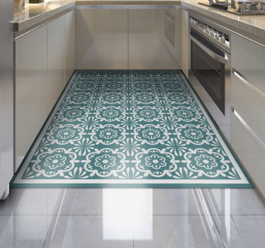 Alfombra vinílica cocina diseño floral verde azulado - TenVinilo