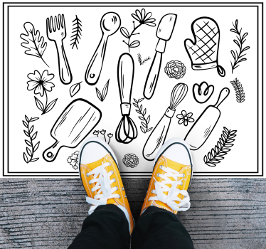 Alfombra vinílica cocina Diseño floral y ornamental con utensilio - TenVinilo