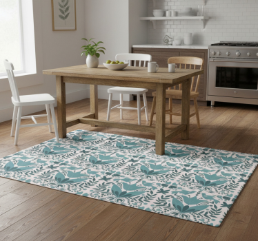 Alfombra vinílica cocina diseño folk azul con aves - TenVinilo