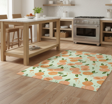 Alfombra vinílica cocina duraznos sobre fondo verde - TenVinilo