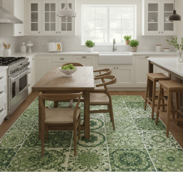 Alfombra vinílica cocina efecto caleidoscopio verde musgo - TenVinilo