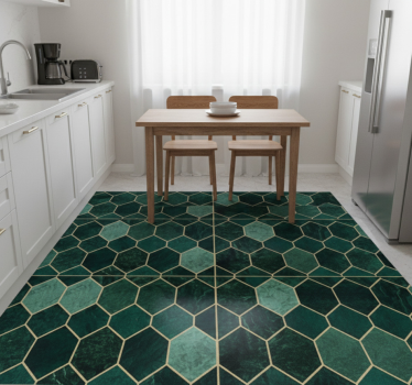Alfombra vinílica cocina escala verde contorno dorado - TenVinilo