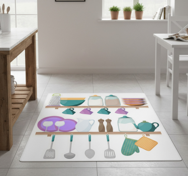 Alfombra vinílica cocina estantes de cocina con utensilios - TenVinilo