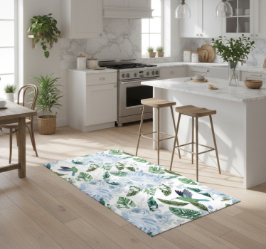 Alfombra vinílica cocina flores de jardín azules con pájaros - TenVinilo