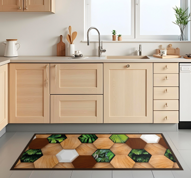 Alfombra vinílica cocina hexágonos tropicales de madera - TenVinilo