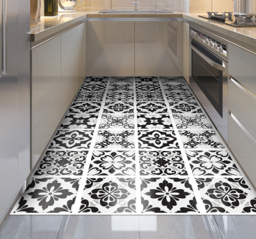 Alfombra vinílica cocina hidráulico en blanco y negro - TenVinilo
