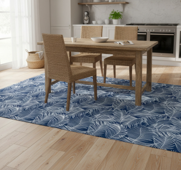 Alfombra vinílica cocina hojas azules contorno blanco - TenVinilo