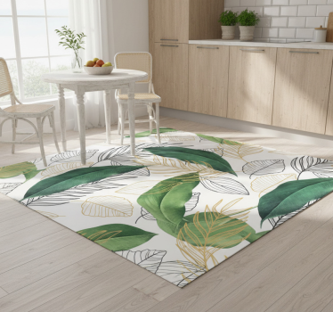 Alfombra vinílica cocina hojas verdes y doradas con arte - TenVinilo