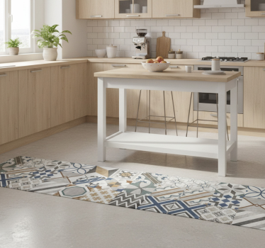 Alfombra vinílica cocina parcheo geométrico ecléctico - TenVinilo