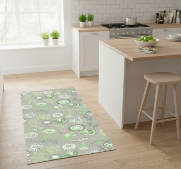 Alfombra vinílica cocina patrón de flores verdes delicadas - TenVinilo
