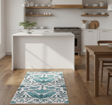 Alfombra vinílica cocina patrón folk azul con aves - TenVinilo