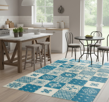 Alfombra vinílica cocina patrón gris y azul - TenVinilo
