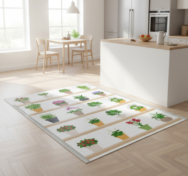 Alfombra vinílica cocina plantas de interior en estantes - TenVinilo