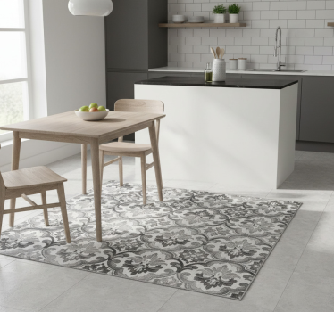 Alfombra vinílica cocina tapiz damasco en escala de grises - TenVinilo