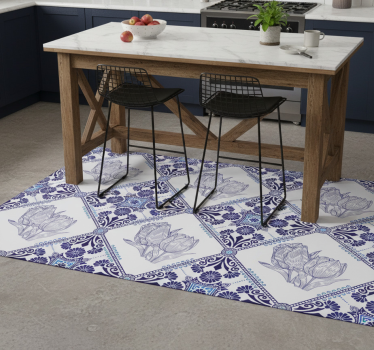 Alfombra vinílica cocina tulipanes azules de delft - TenVinilo