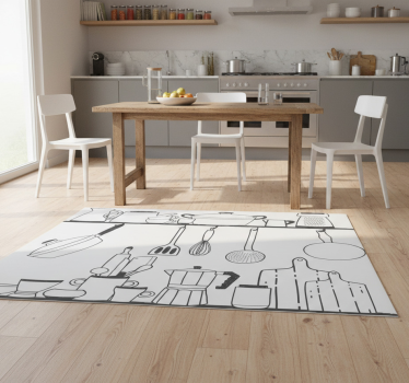 Alfombra vinílica cocina utensilios de cocina en estantes - TenVinilo