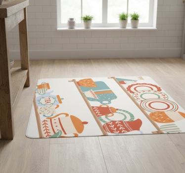 Alfombra vinílica cocina utensilios de mesa en estante - TenVinilo