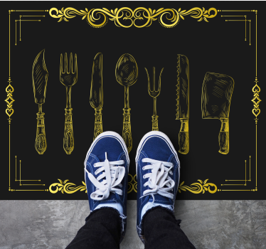 Alfombra vinílica cocina Utensilios de oro vintage sobre fondo ne - TenVinilo