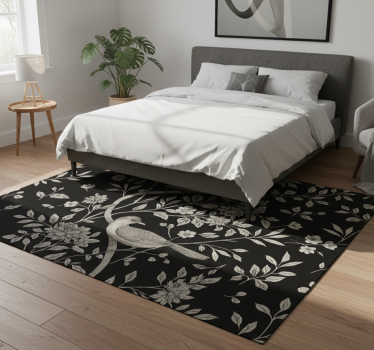 Alfombra vinílica dormitorio Árbol gris con flores y pájaros - TenVinilo