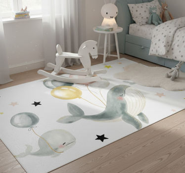 Alfombra vinílica dormitorio ballenas felices con globos - TenVinilo