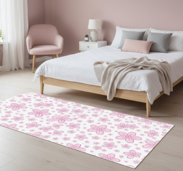 Alfombra vinílica dormitorio flores rosas sobre fondo blanco - TenVinilo