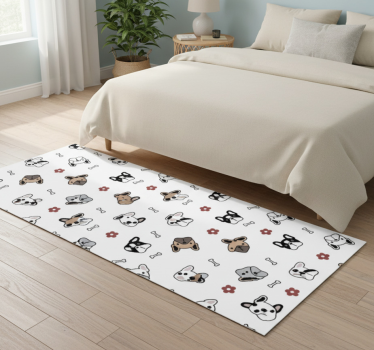 Alfombra vinílica dormitorio flores y bulldogs franceses - TenVinilo