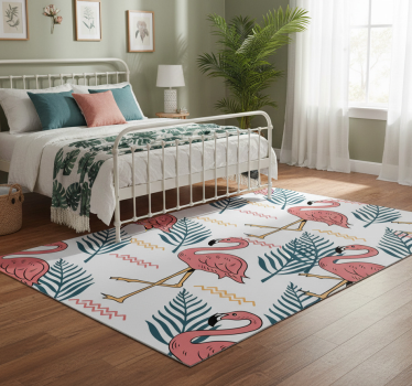 Alfombra vinílica dormitorio hojas tropicales con flamencos - TenVinilo