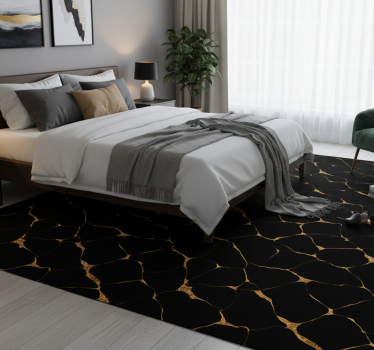 Alfombra vinílica dormitorio mármol negro con rayas doradas - TenVinilo
