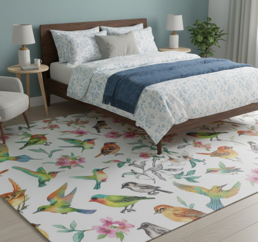 Alfombra vinílica dormitorio naturaleza colorida con aves - TenVinilo