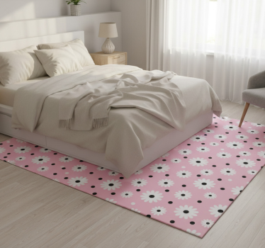 Alfombra vinílica dormitorio patrón flores puntos rosa negro - TenVinilo