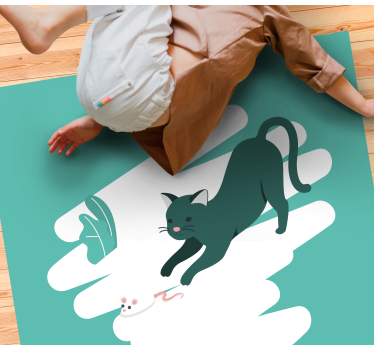 Alfombra vinílica dormitorio persecución de gato juguetón - TenVinilo