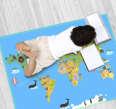 Alfombra vinílica mapamundi infantil con fauna - TenVinilo