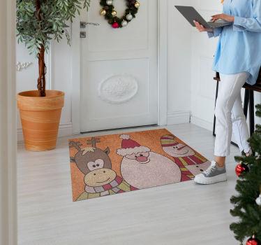 Alfombra vinilo navidad renos de Santa y hombre de nieve - TenVinilo