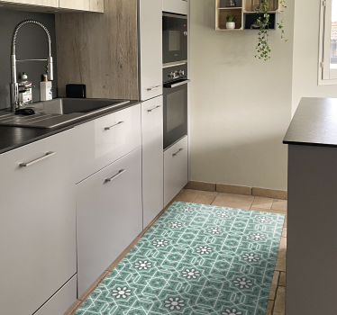 Alfombra de vinilo cocina azulejos florales verdes - TenVinilo