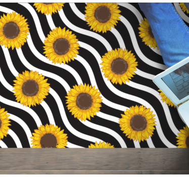 Alfombra vinilo dormitorio Girasoles sobre fondo rayado - TenVinilo