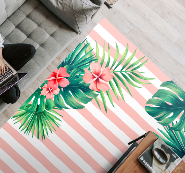 Alfombra vinilo rayas con hojas tropicales  - TenVinilo